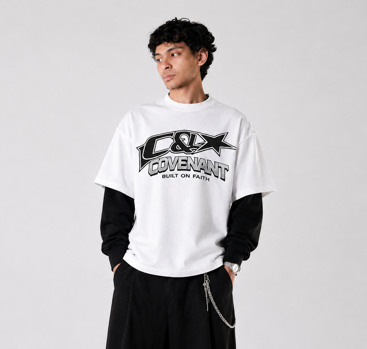 C&L COVENANT WHITE WITH BLACK SLEEVE OVERSIZED TEE